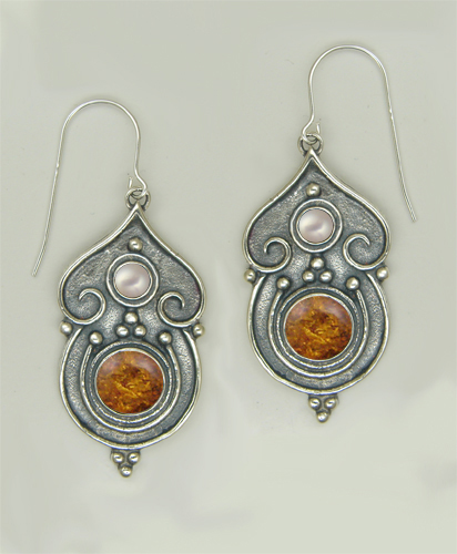 Sterling Silver Gothic Inspired Drop Dangle Earrings With Amber